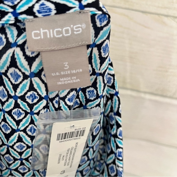Chico’s Blue Geometric Print Button Front 3/4 Dolman Sleeve Blouse - Picture 7 of 9